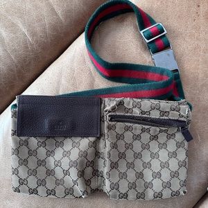 Authentic Gucci GG Canvas Web Double Pocket Belt Bag